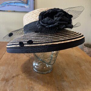 Sonni San Francisco Wide-Brim Straw Boater Hat with Black Flower & Veil Vintage